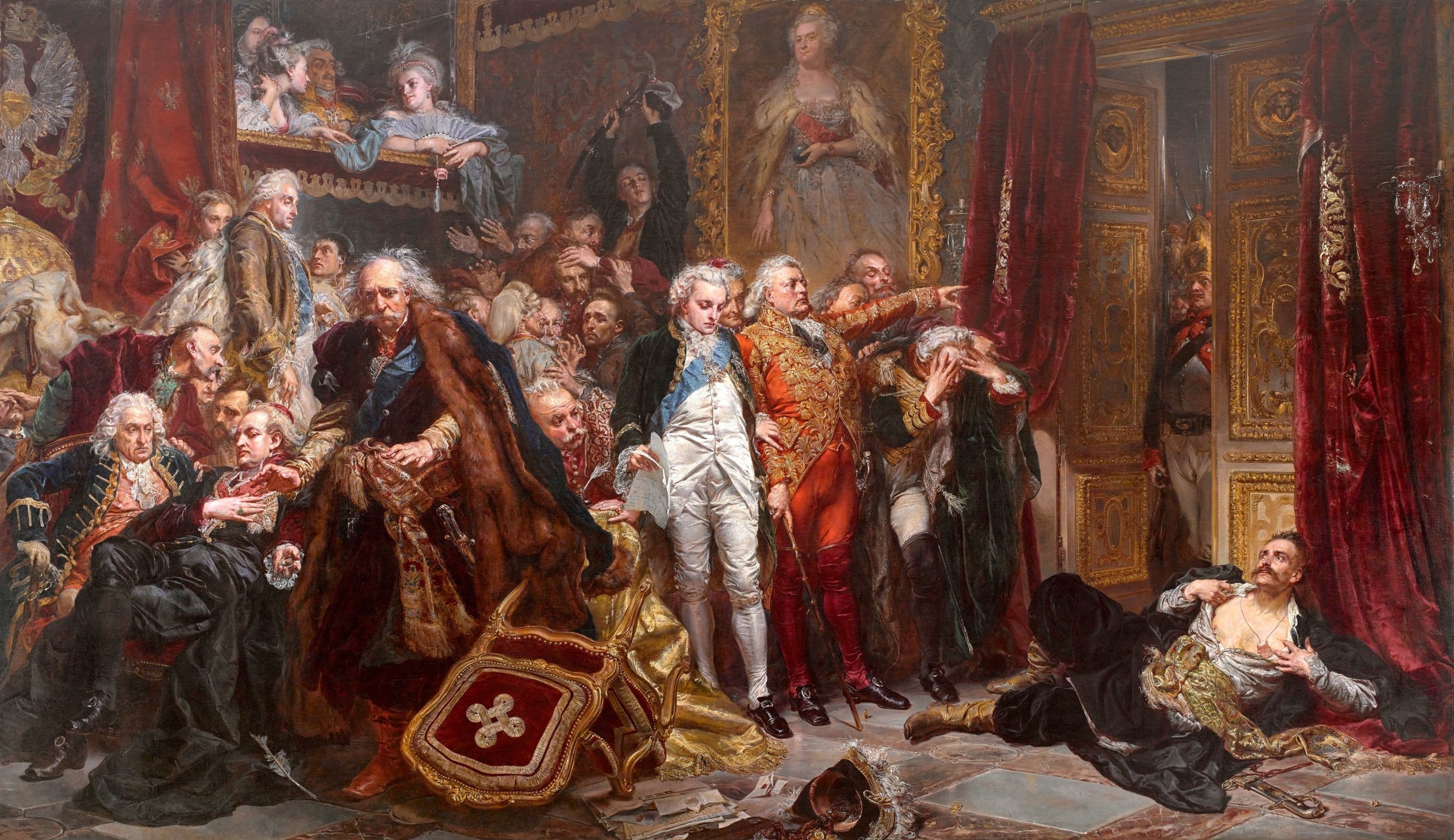 Tadeusz Rejtan leżący w progu sali sejmowej, protestujący przeciw pierwszemu rozbiorowi Polski.